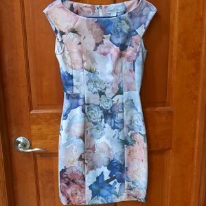Blue and White Floral Pleated Sheath Dress